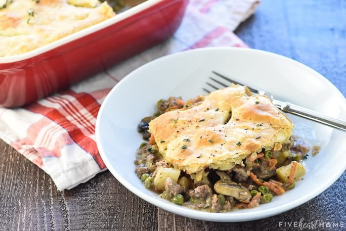 Beef Pot Pie on serving plate with fork.