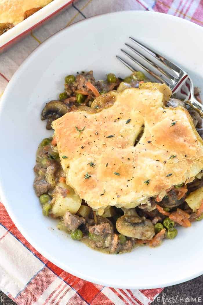 Aerial view of Beef Pot Pie serving on plate.