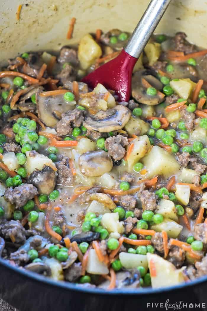 Close-up of Beef Pot Pie filling made with ground beef.