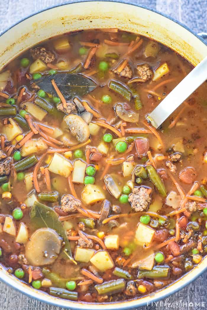 Aerial view of Hamburger Vegetable Soup in pot.