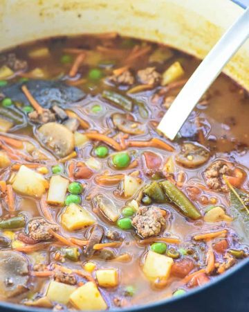 Close-up of Hamburger Vegetable Soup in pot with ladle.
