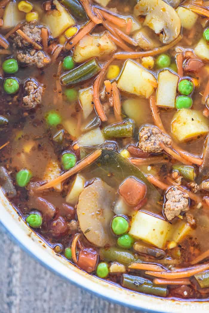 Hamburger Soup with ground beef and veggies, aerial view zoom