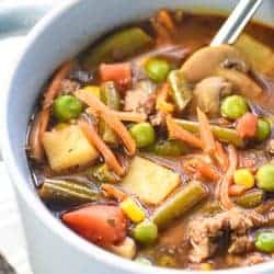 Close-up of Hamburger Vegetable Soup in bowl.