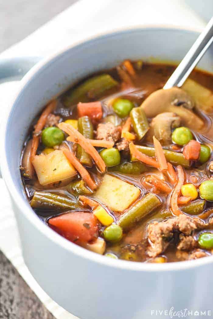 Close-up of Hamburger Vegetable Soup in bowl.