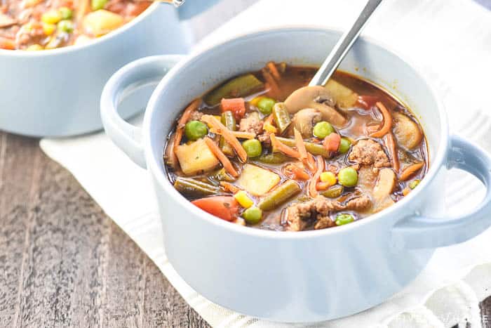 Hamburger Soup recipe in bowl with spoon.
