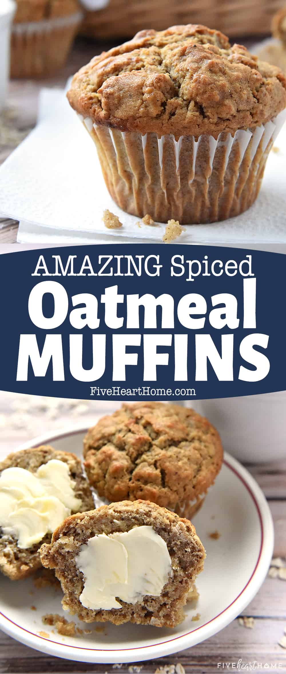 Spiced Oatmeal Muffins ~ perfectly spiced with crunchy tops and pillowy centers, making them a wholesome, delicious breakfast on-the-go or anytime snack! | FiveHeartHome.com via @fivehearthome