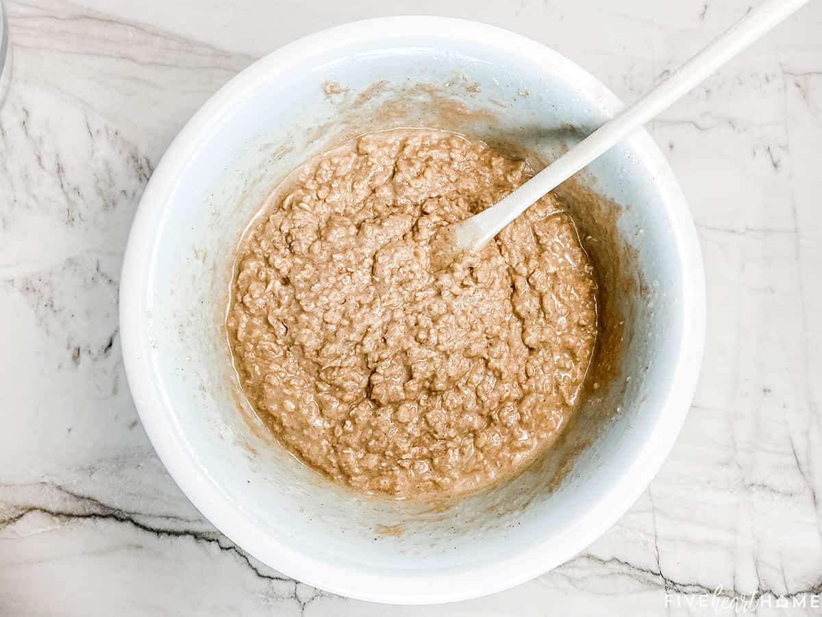 Aerial view of bowl of oatmeal muffin batter.