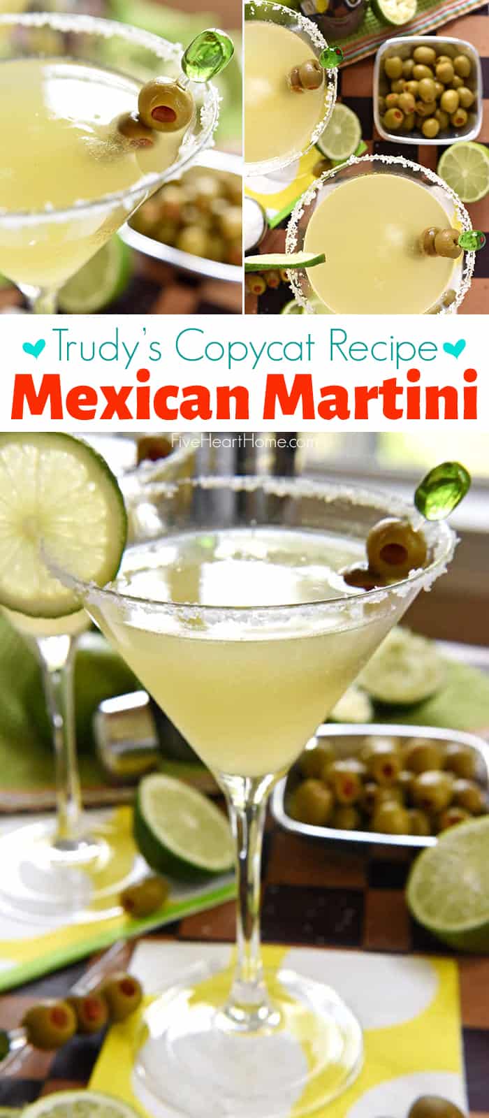 Mexican Martini ~ like a margarita on the rocks with a splash of olive juice, this Mexican Martini is a copycat recipe of the famous cocktail from Trudy's in Austin | FiveHeartHome.com via @fivehearthome