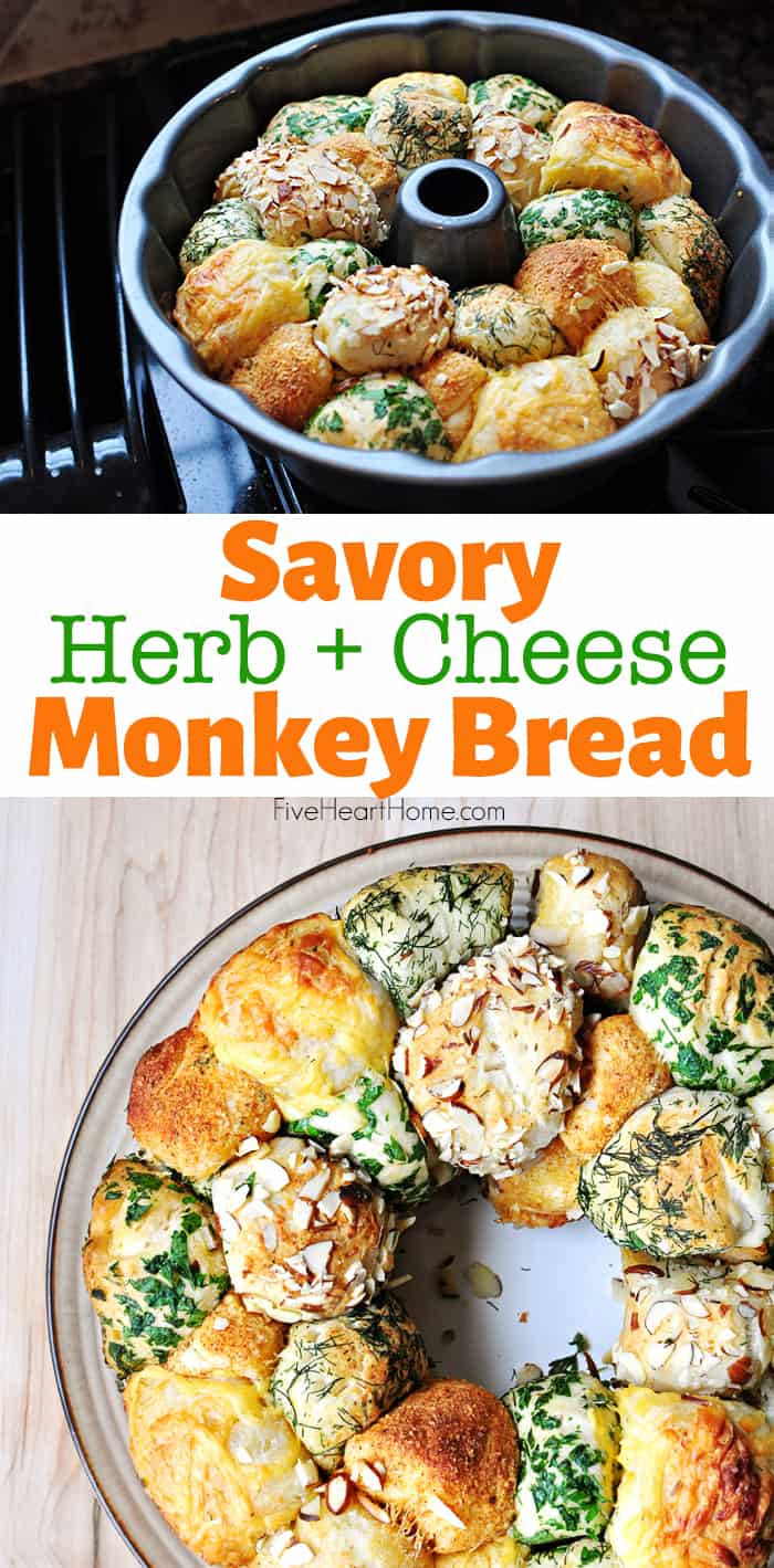 Savory Herb and Cheese Monkey Bread ~ this quick and easy savory monkey bread is made with refrigerated biscuits and festive for the holidays, from Thanksgiving to Christmas to Easter! | FiveHeartHome.com via @fivehearthome