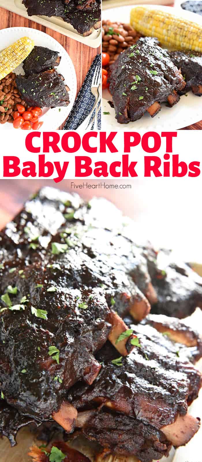 Crock Pot Baby Back Ribs ~ these ribs are sticky, smoky, and fall-apart delicious…and nobody will ever believe that they came out of the slow cooker! | FiveHeartHome.com via @fivehearthome