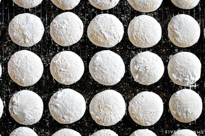 Aerial view, coated with powdered sugar and cooling on rack.