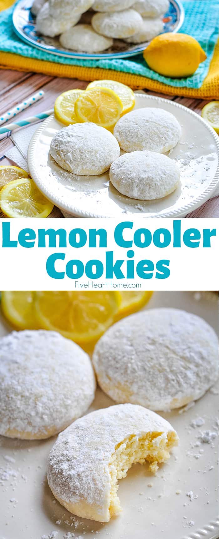 Lemon Cooler Cookies ~ soft, tender cookies bursting with fresh lemon and real butter, then coated in lemony powdered sugar! | FiveHeartHome.com via @fivehearthome