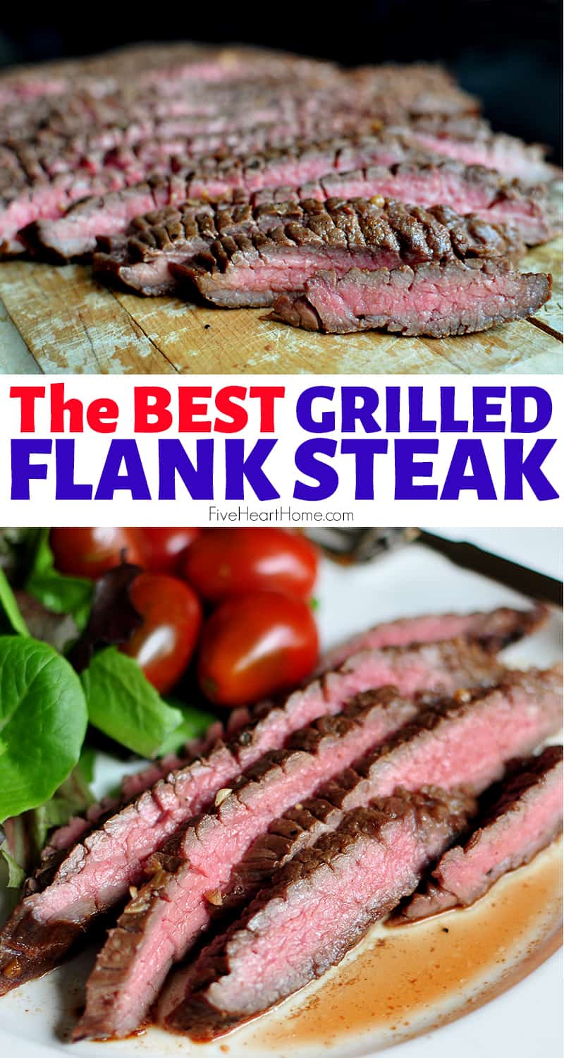 Grilled Flank Steak ~ this marinated grilled flank steak is juicy, flavorful, and the perfect summer dinner...thanks to a zippy marinade and a quick stint on the grill! | FiveHeartHome.com via @fivehearthome