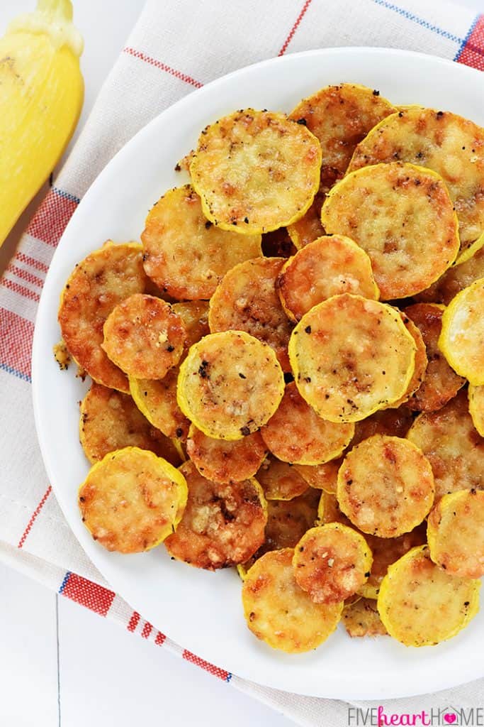 Baked Yellow Squash Rounds on a plate, aerial view