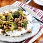 Ground Beef and Broccoli on plate with rice.