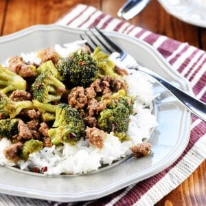 Ground Beef and Broccoli on plate with rice.