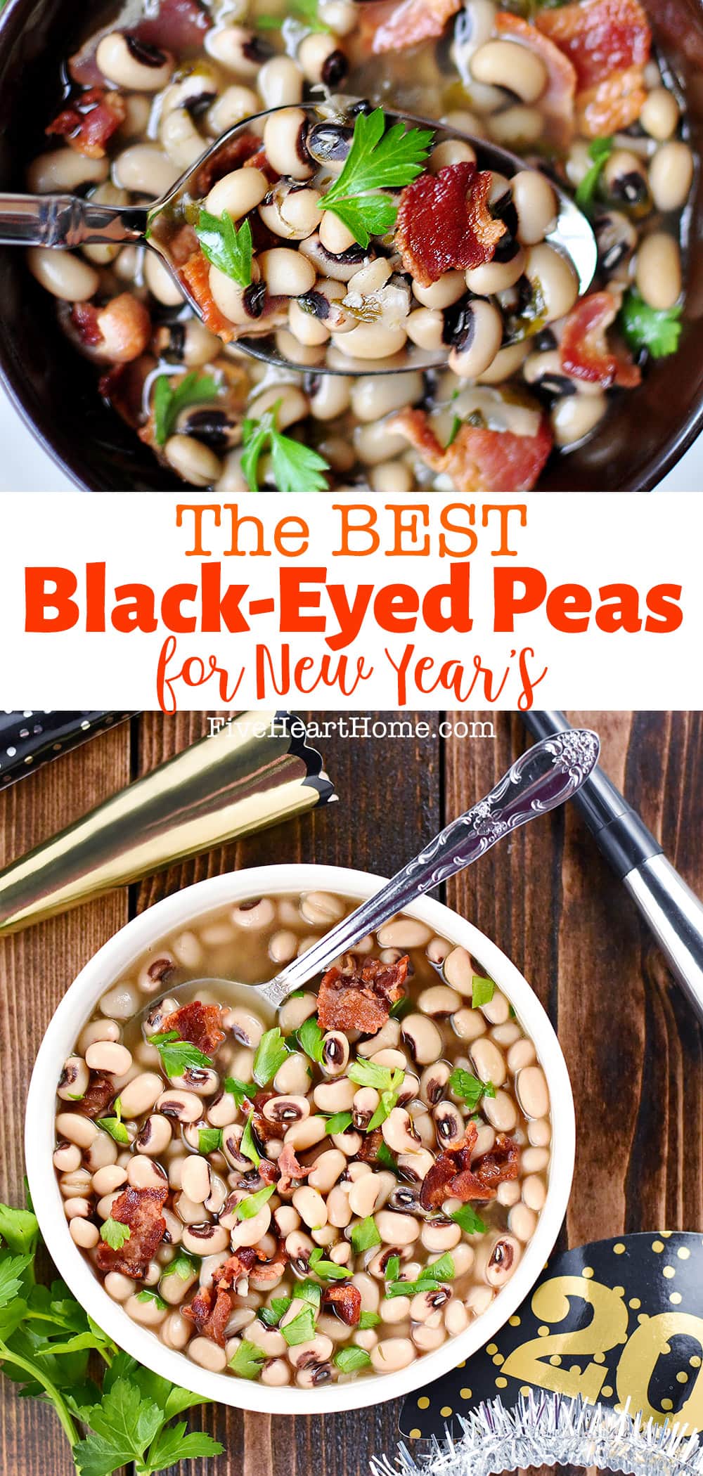 Black-Eyed Peas for New Year's ~ this delicious recipe is flavored with bacon, garlic, and thyme, for a savory soup that's said to bring luck and prosperity when eaten on New Year's Day! | FiveHeartHome.com via @fivehearthome