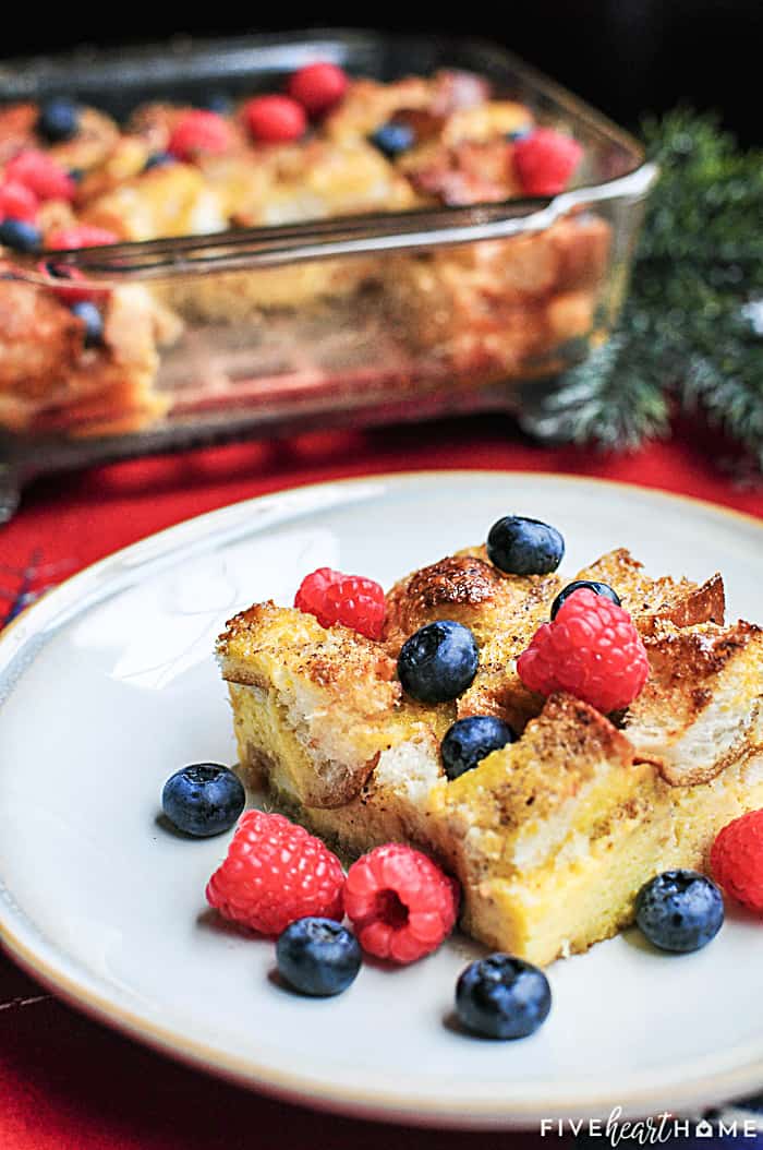 Slice on plate with casserole in background.