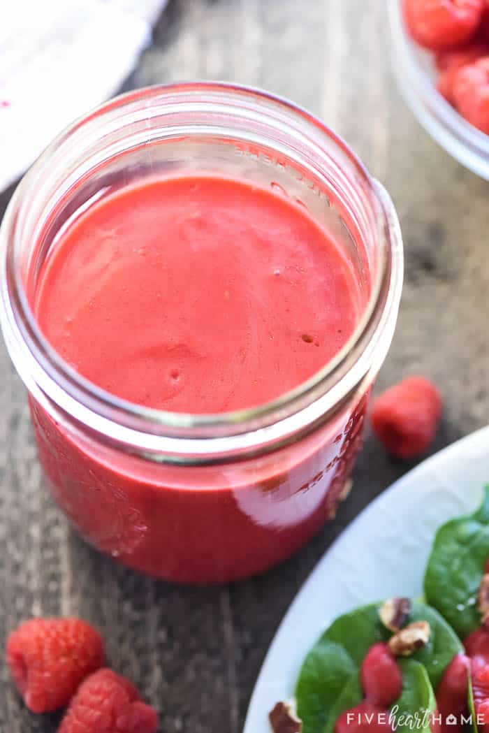 Aerial view of jar of Raspberry Vinaigrette dressing.