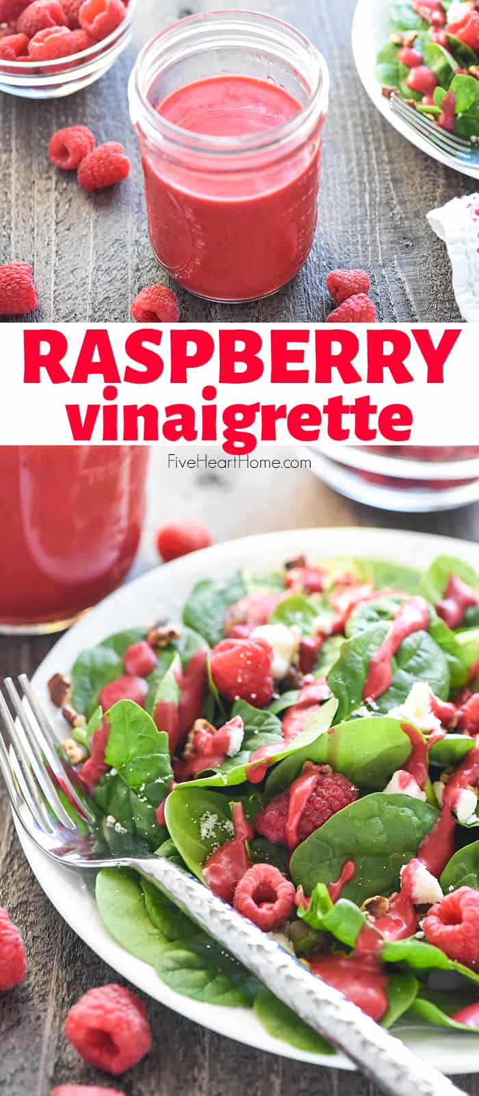 Raspberry Vinaigrette ~ a silky-smooth, sweet and tangy homemade dressing that's easy to make and delicious over a variety of salads! | FiveHeartHome.com via @fivehearthome