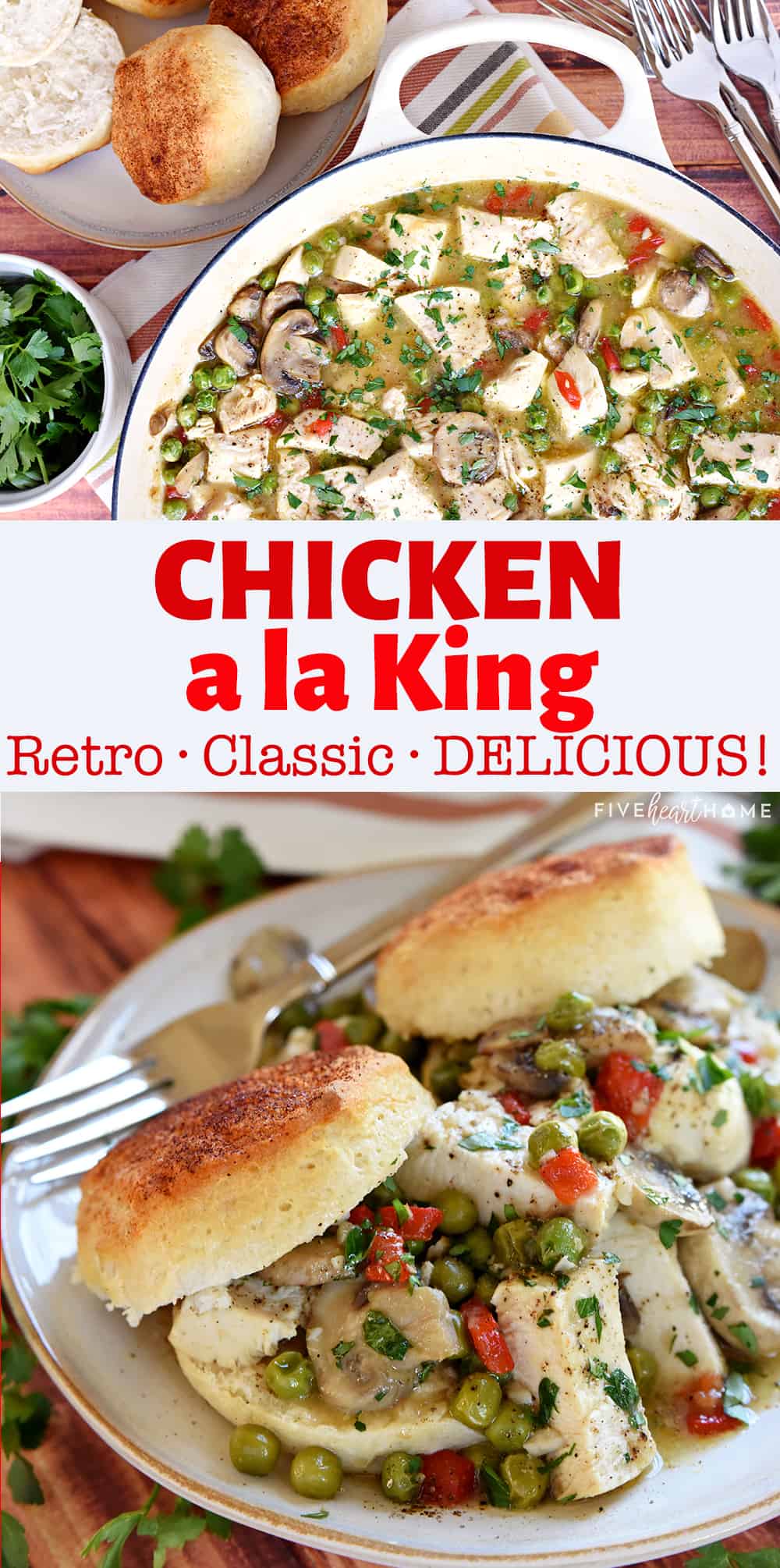 Chicken ala King is a classic, healthy dinner recipe featuring tender chicken breasts, garlicky mushrooms, sweet peas, zesty pimentos, and fresh parsley in a flavorful sauce served over warm, fluffy biscuits. via @fivehearthome