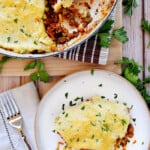 Aerial view of Easy Shepherd's Pie on plate and in skillet.