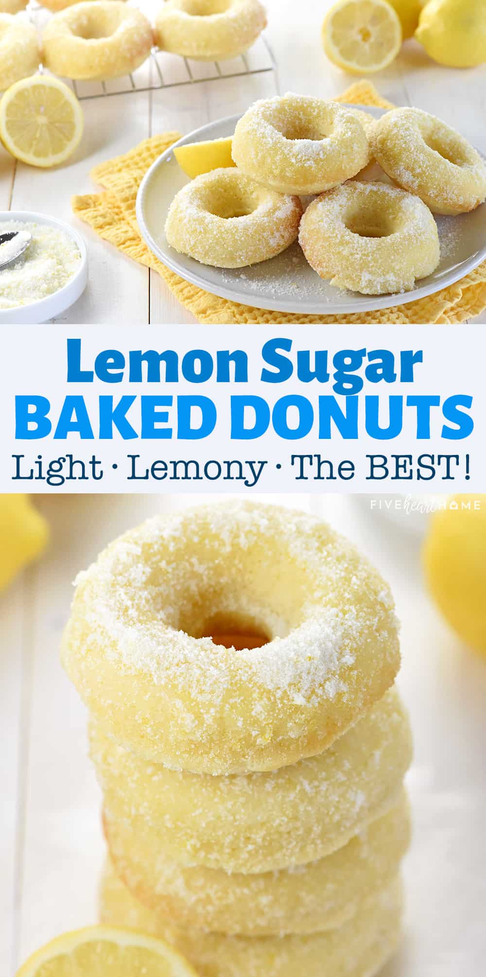 Lemon Sugar Baked Donuts ~ light, citrusy, and generously coated in a crunchy, lemon-zest infused sugar...the perfect sunny treat for breakfast or dessert! | FiveHeartHome.com via @fivehearthome