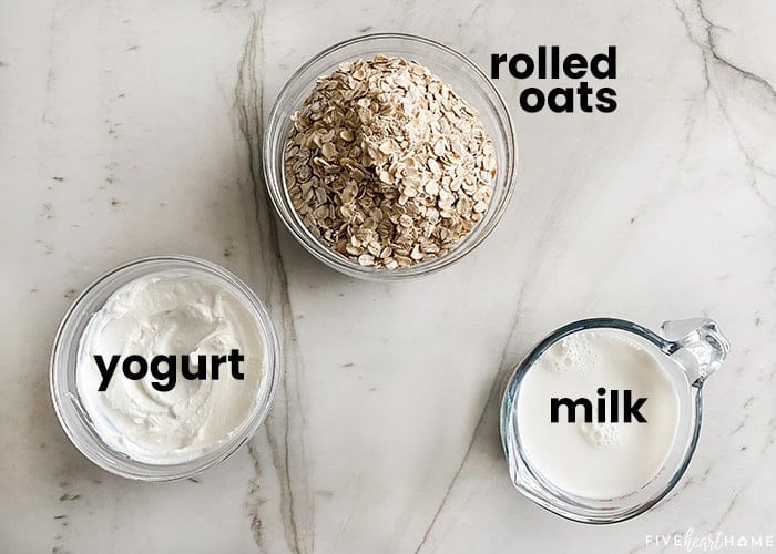 Basic ingredients to make Overnight Oats recipe, including rolled oats, yogurt, and milk.