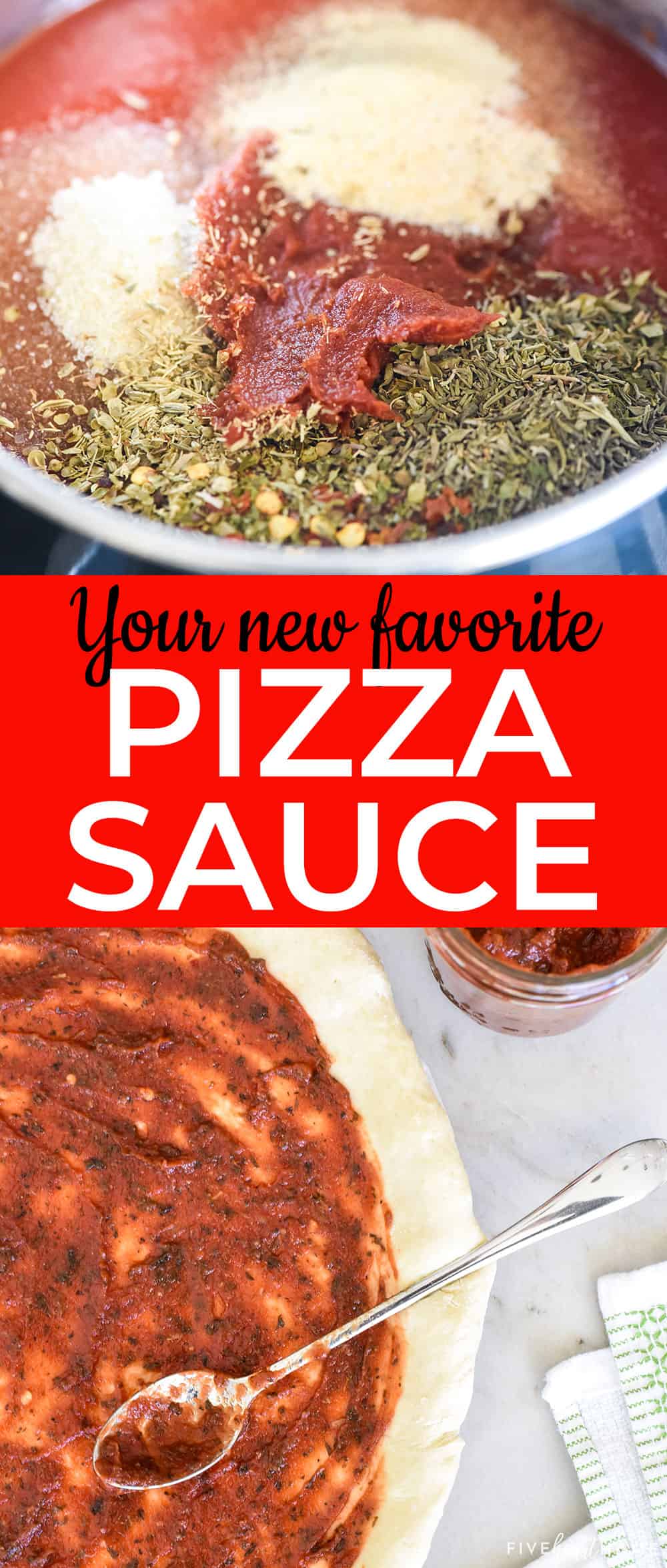 The BEST Homemade Pizza Sauce recipe is easy to make, luxuriously thick, and loaded with flavor. It will take your favorite pizza to the next level, and it also makes an amazing dipping sauce! via @fivehearthome