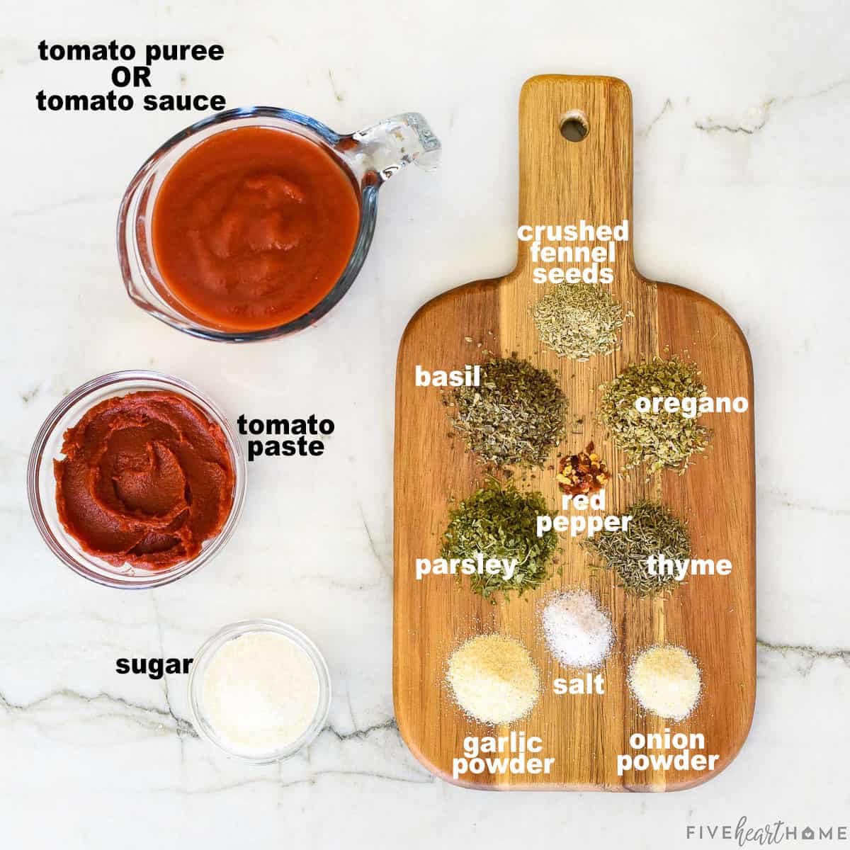 Aerial view of labeled ingredients.