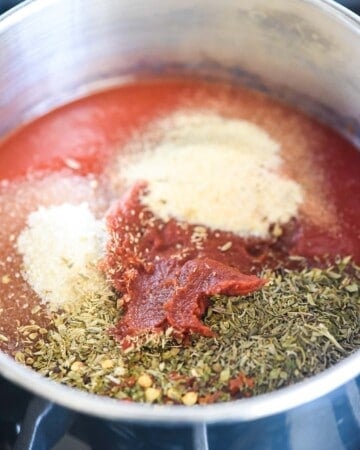 Ingredients in pot to make Pizza Sauce recipe.