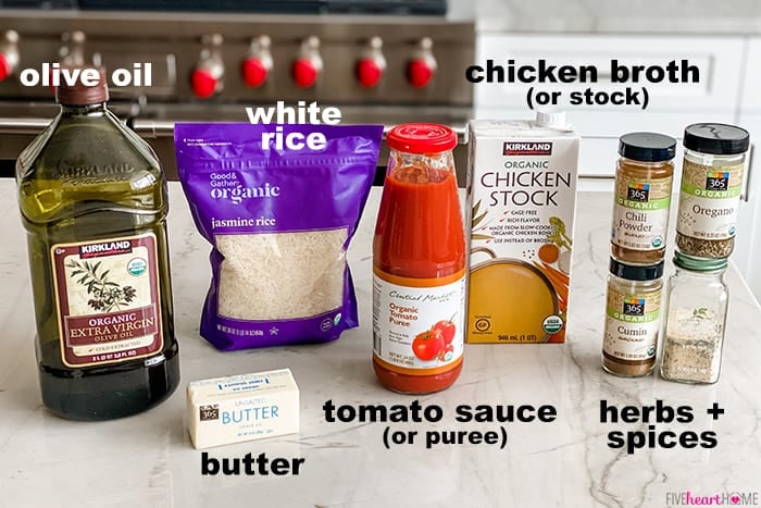 Ingredients for making Spanish Rice sitting on counter.