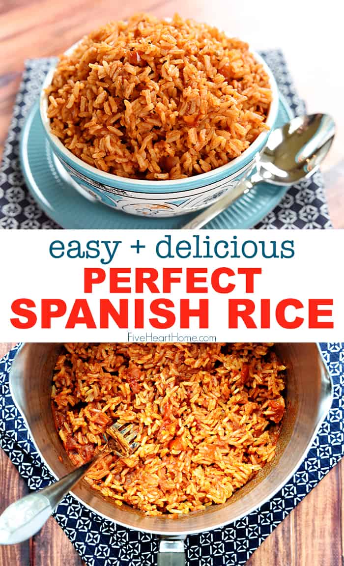 Easy Spanish Rice ~ cook a pot of rice using chicken broth, tomato sauce, and a few seasonings to make this quick and easy Spanish Rice...it's the perfect base for rice bowls or a delicious side dish to your favorite Mexican entrees! | FiveHeartHome.com via @fivehearthome