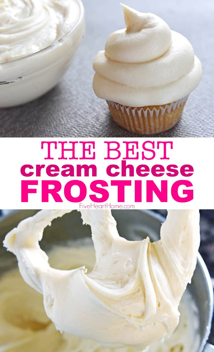 The BEST Cream Cheese Frosting ~ silky and sweet with a slight tang from the cream cheese, this effortless frosting comes together with just four ingredients and complements a variety of cakes and cupcakes! | FiveHeartHome.com via @fivehearthome