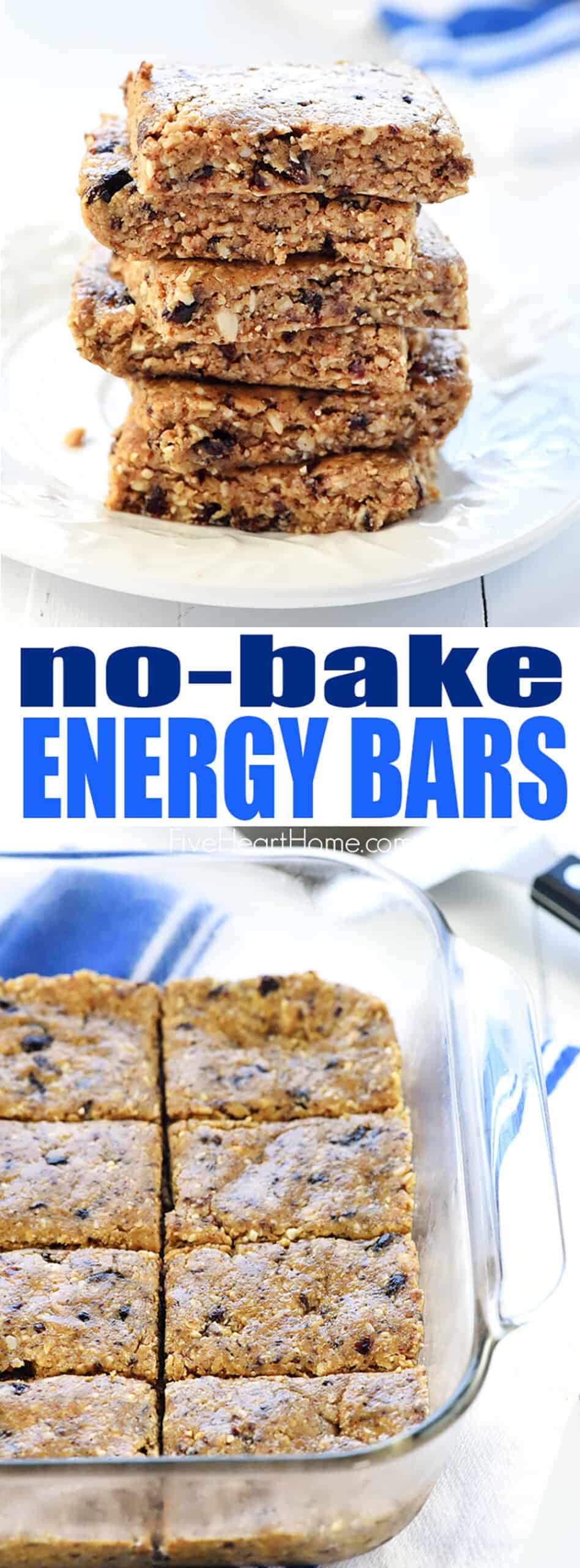No-Bake Oatmeal Peanut Butter Energy Bars ~ these easy energy bars quickly come together in the food processor with wholesome ingredients like oats, nuts, chia seeds, peanut butter (or your favorite alternative), dried fruit, and honey! | FiveHeartHome.com via @fivehearthome