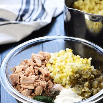 Tuna Pasta Salad ingredients in a bowl.