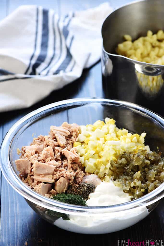 Ingredients to make Tuna Pasta Salad recipe.