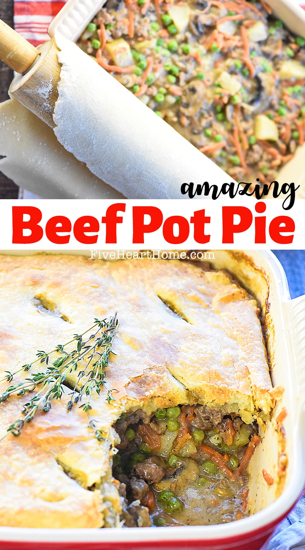 Beef Pot Pie ~ a hearty, delicious comfort food recipe featuring savory ground beef and veggies in a flavorful gravy topped by a flaky, buttery pie crust. And if you prefer, it's just as easy to make it with tender cubed beef! | FiveHeartHome.com via @fivehearthome