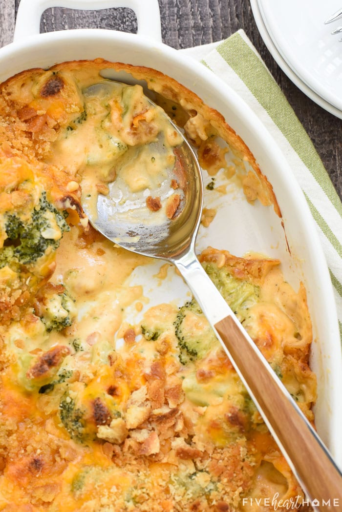 Broccoli Cheese Casserole ~ a comfort food classic side dish, made with an easy homemade cheese sauce and topped with a mixture of buttery cracker crumbs! | FiveHeartHome.com via @fivehearthome