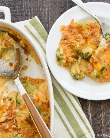 Aerial view of Broccoli Cheese Casserole in a baking dish and on a plate.