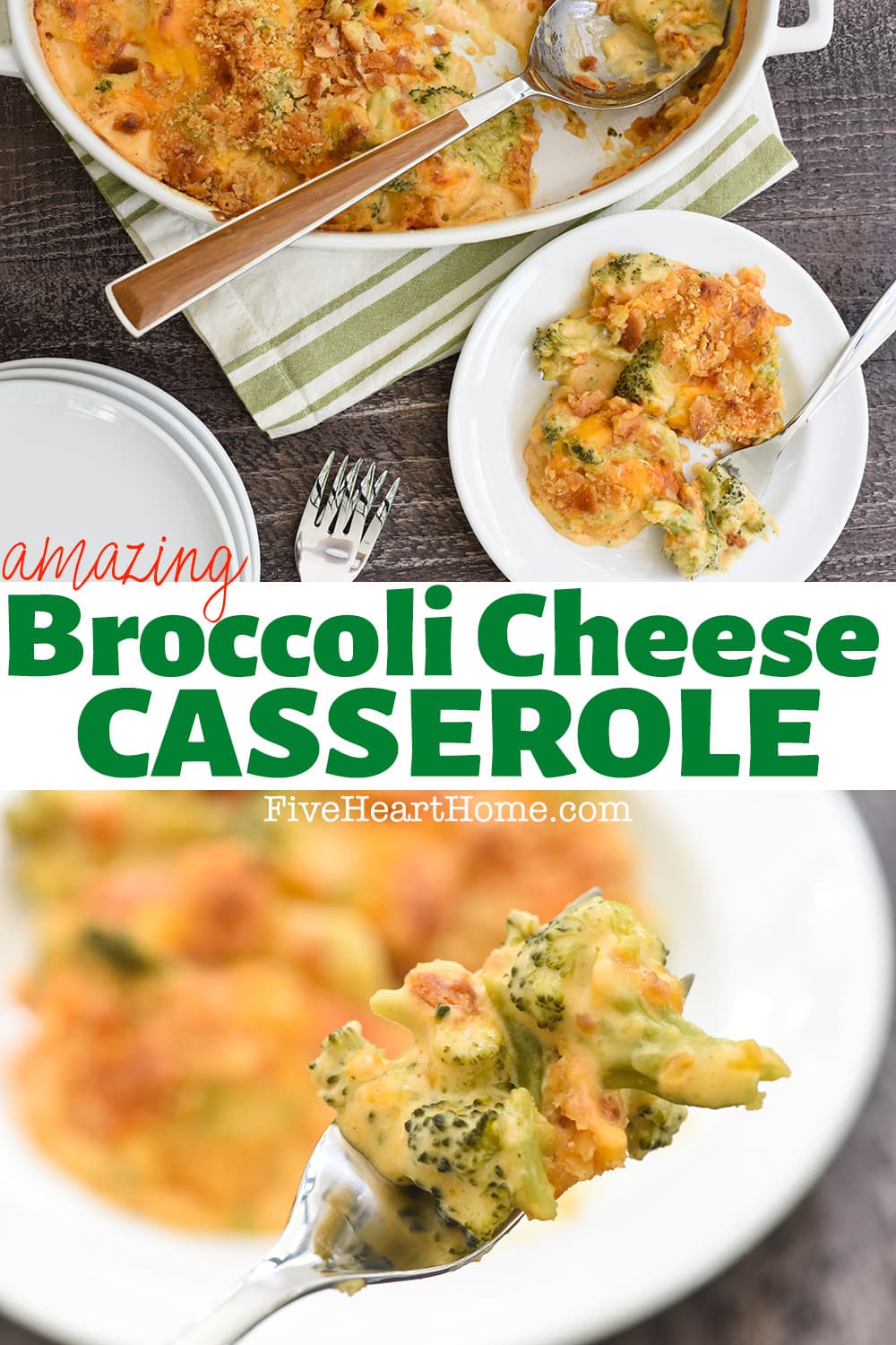 Broccoli Cheese Casserole ~ a comfort food classic side dish, this Broccoli Cheese Casserole recipe features frozen broccoli, an easy homemade cheese sauce, and is topped with a mixture of buttery cracker crumbs! | FiveHeartHome.com via @fivehearthome