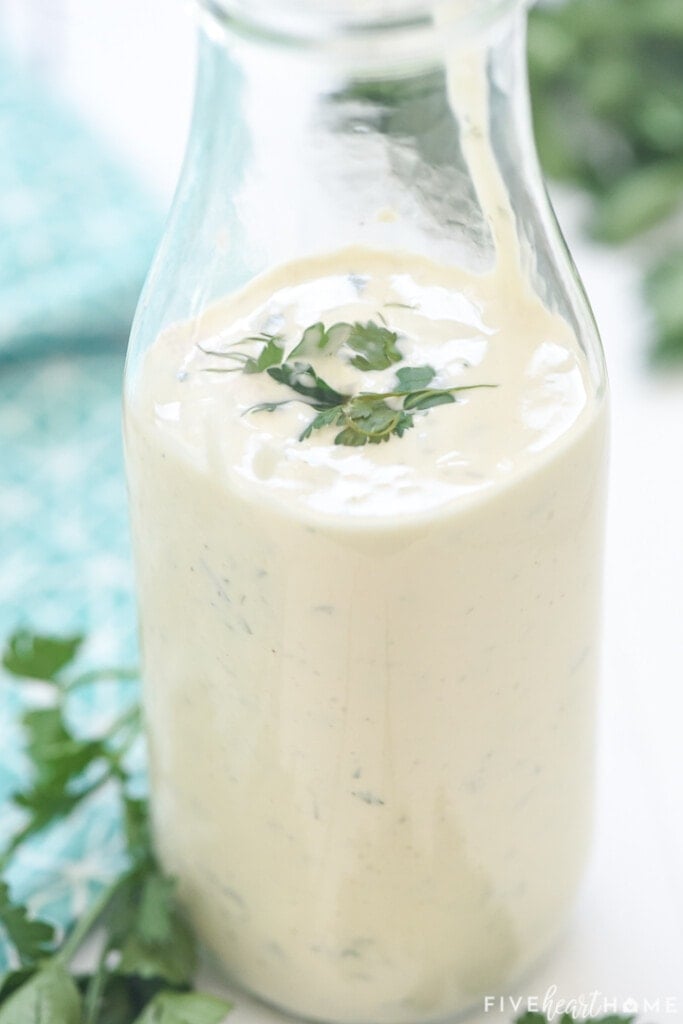 Close-up of Homemade Ranch Dressing in bottle.