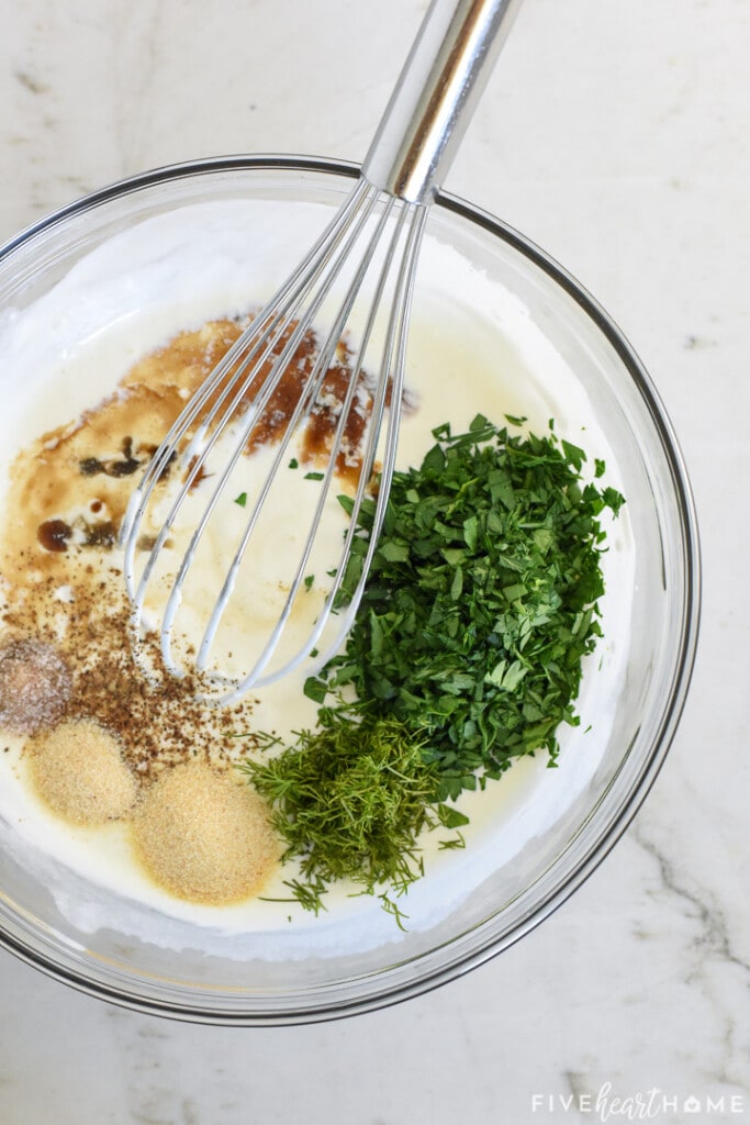 Ranch Dressing recipe ingredients in a bowl ready to be whisked.