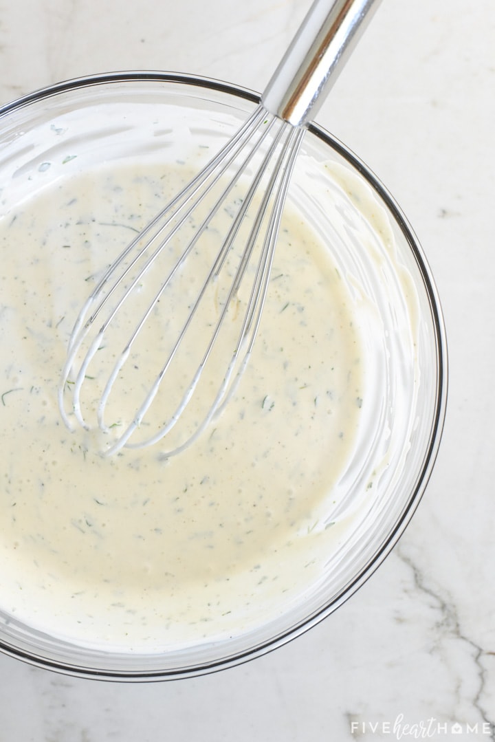 Close-up of Homemade Ranch Dressing in bottle.