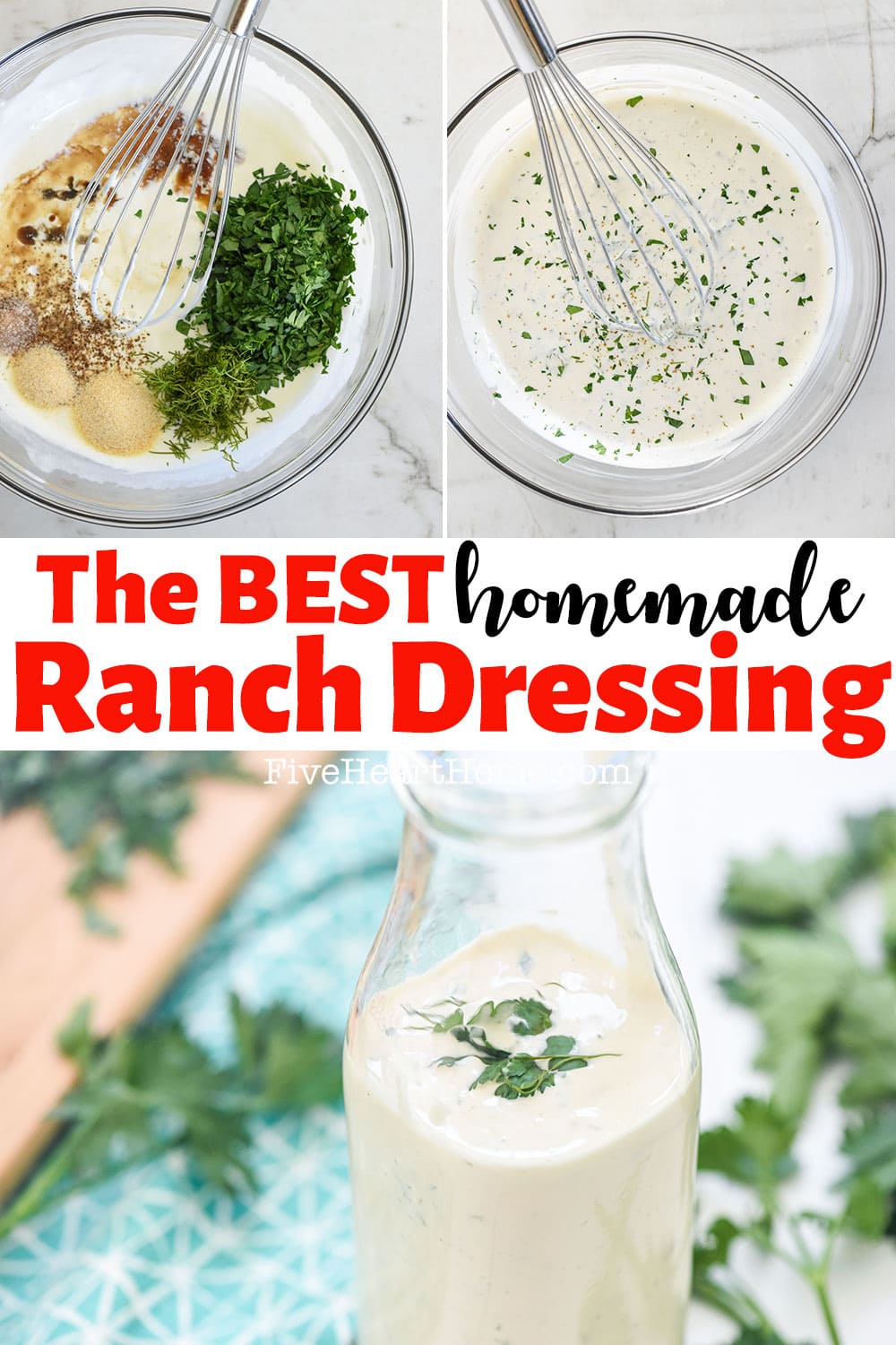 The BEST Homemade Ranch Dressing ~ this ranch dressing recipe is all-natural, loaded with buttermilk and herbs, quick and easy to make, and so delicious that you'll never go back to store-bought again! | FiveHeartHome.com via @fivehearthome