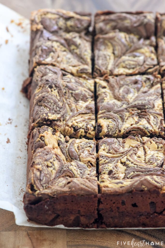 Close-up of edges of sliced Peanut Butter Brownies.