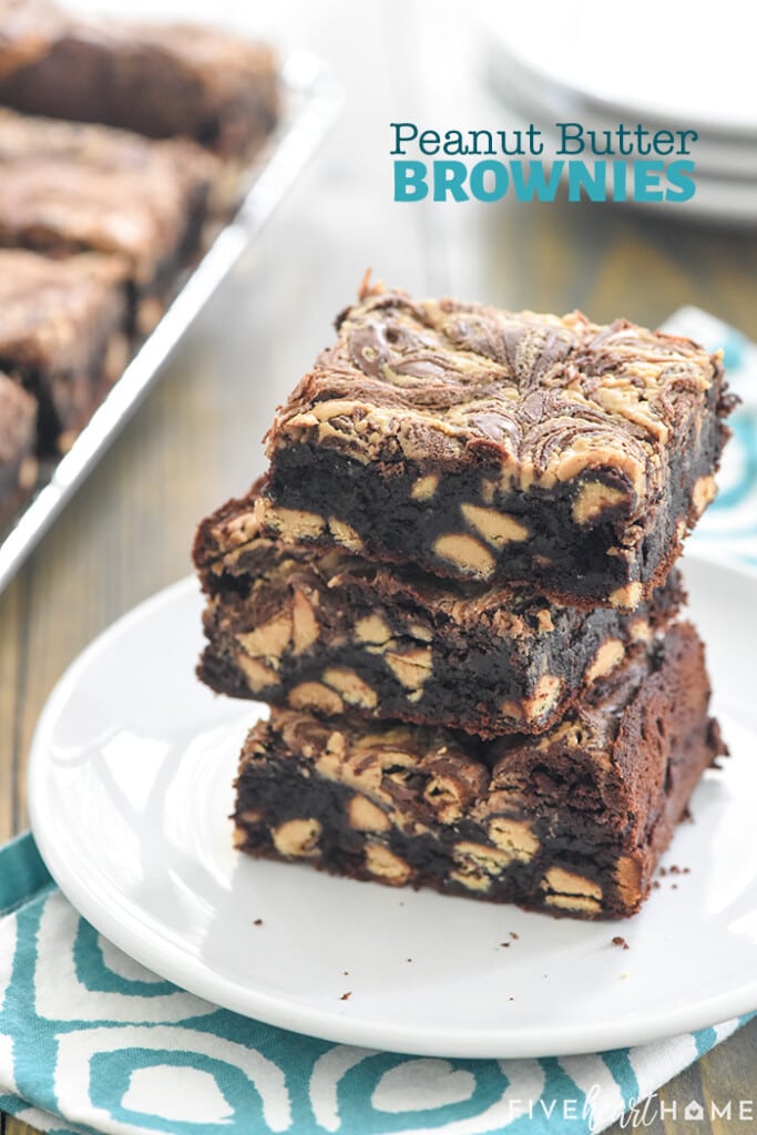 Stack of three Peanut Butter Brownies on plate with text overlay.