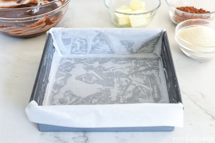 Prepared baking pan, greased and lined with parchment paper.