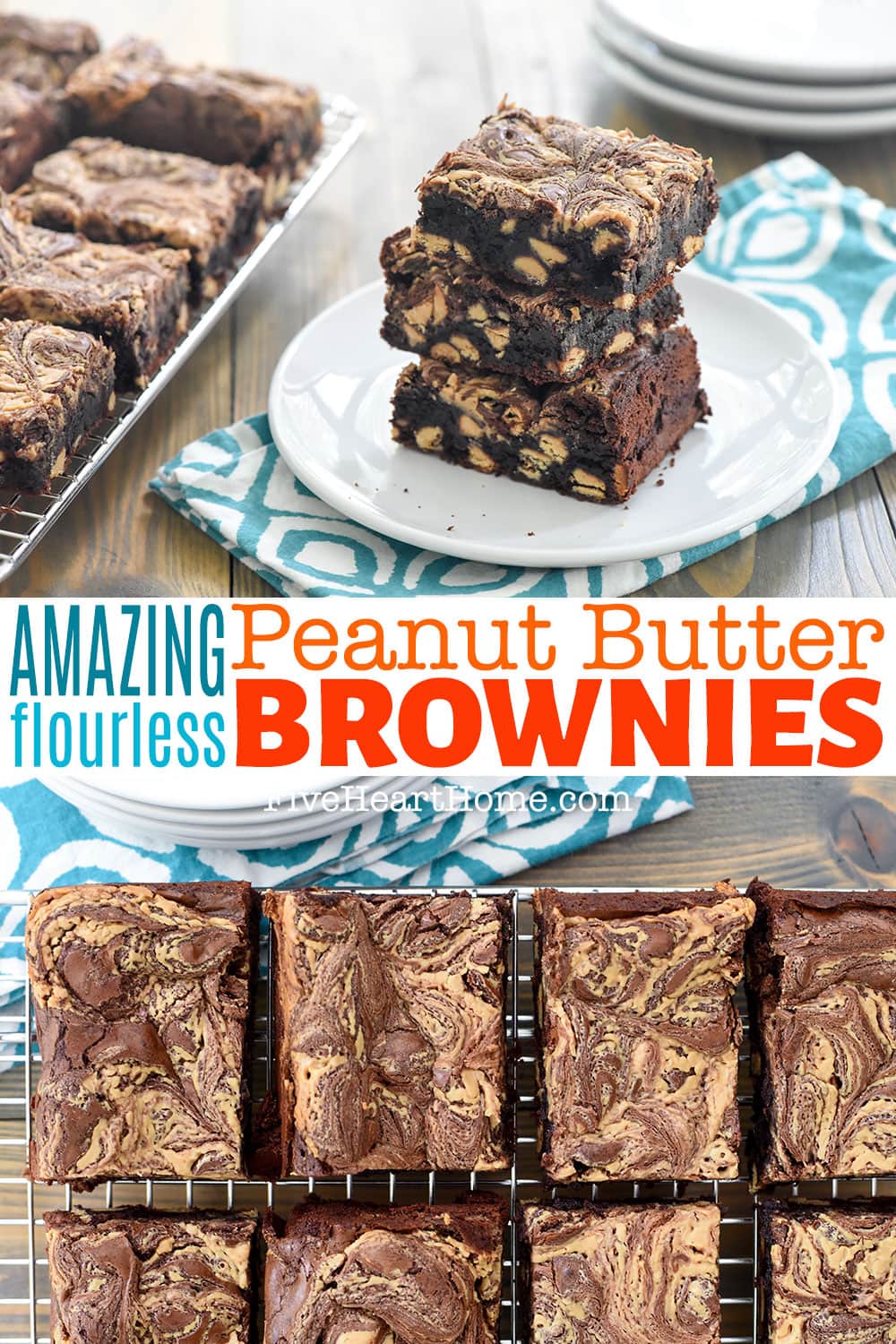 Peanut Butter Brownies ~ rich and decadent with an amazingly fudgy texture, this flourless brownie recipe is studded with peanut butter chips and swirled with peanut butter on top for a chocolate/PB lover's DREAM! And since this Peanut Butter Brownie recipe is flourless, it's also naturally gluten-free! | FiveHeartHome.com via @fivehearthome