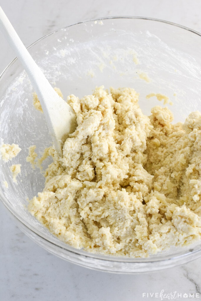 Masa topping in bowl, ready to be spread over Tamale Pie.